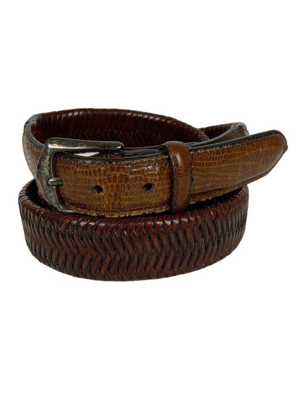 Mens Mixed Media Belt Size 40 Brown Woven Leather Reptile Texture Tabs